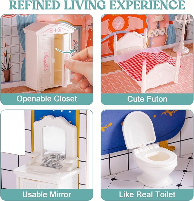 Wooden Dollhouse for Kids Girls, Toy Gift for 3 4 5 6 Years Old