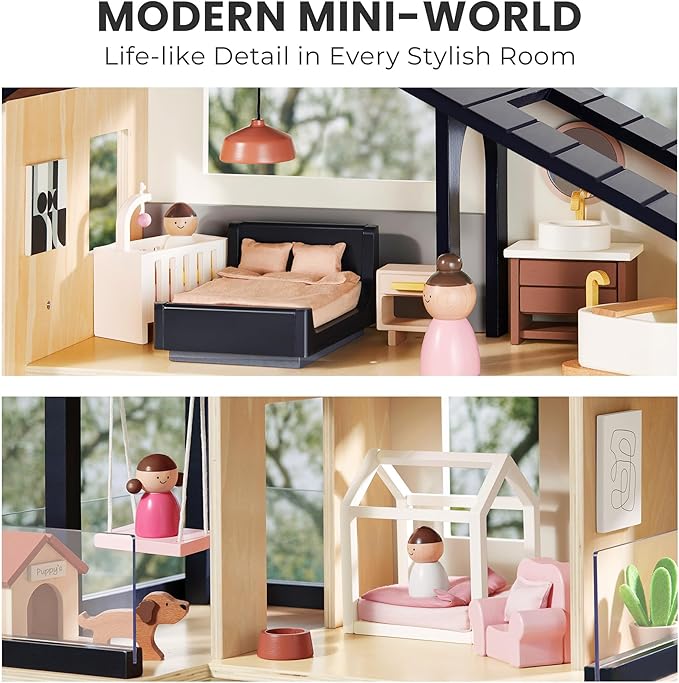 Dollhouse with Realistic Design, Wooden Dollhouse with 53Pcs